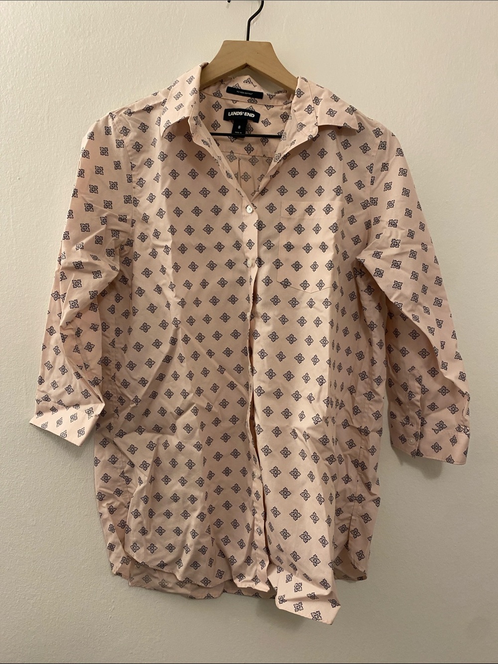 Lands' End Pale Pink Button-Down Shirt with Navy Diamond Print